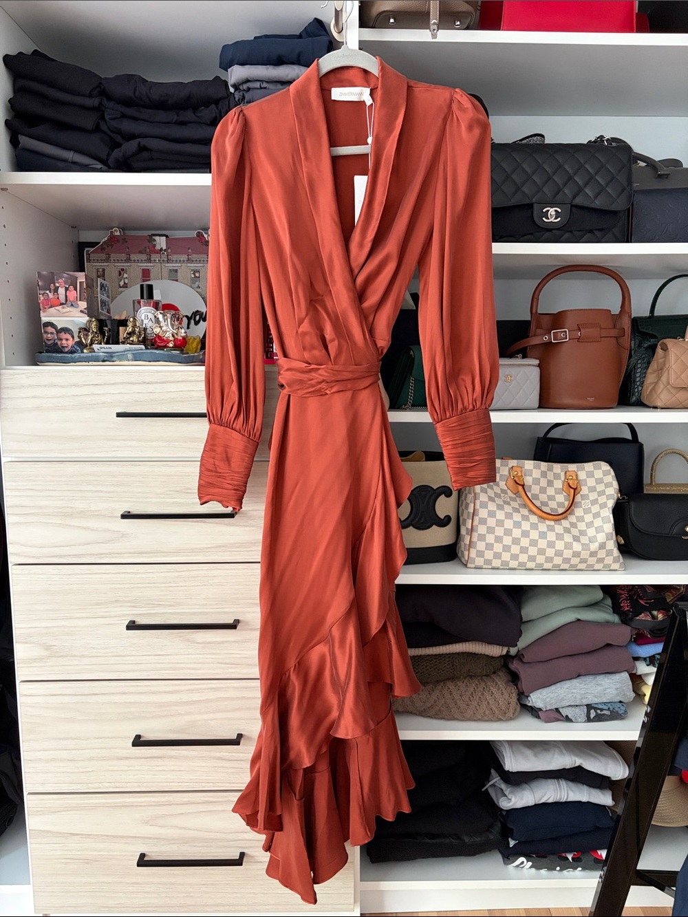 Zimmermann Rust Orange Satin Wrap High-Low Ruffle Dress